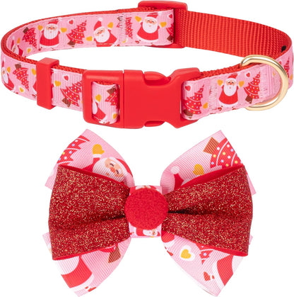 Adjustable Christmas Dog Collar with Antler Bow Tie and Snowman Design for Medium Dogs